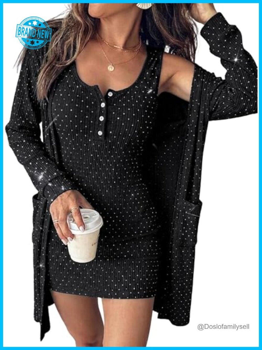 2 Piece Dress Sets with Cardigan Rhinestone Ribbed Knit Tank Dress and Cardigan